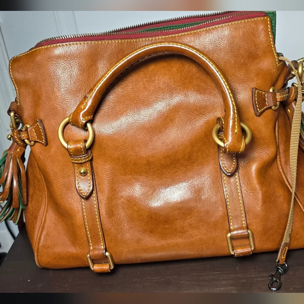 Dooney & Bourke Brown Leather Satchel with Green Interior and Red Zipper